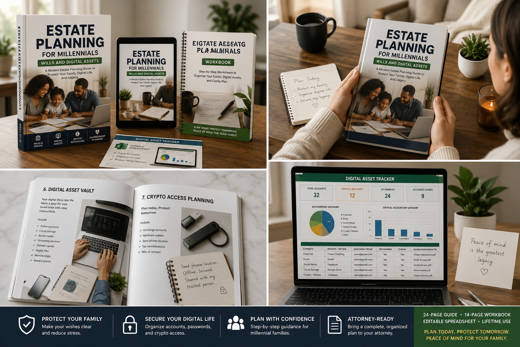 Estate planning digital legacy workbook carousel with worksheets and planning tools