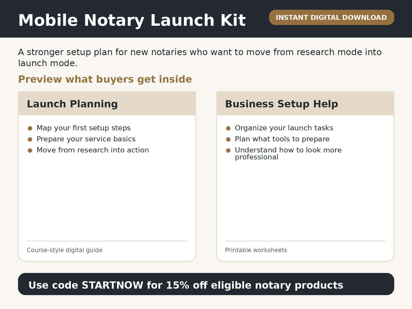 Mobile Notary Launch Kit preview showing launch roadmap and setup guidance