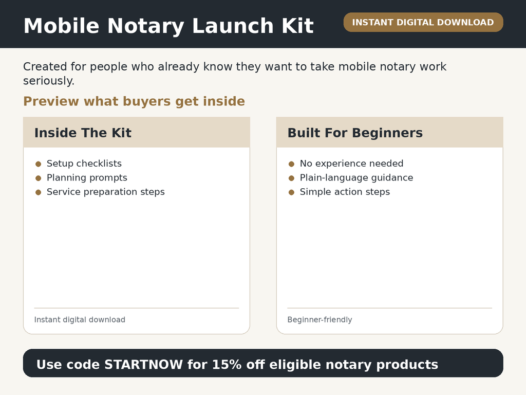 Mobile Notary Launch Kit preview showing printable worksheets and business planning pages