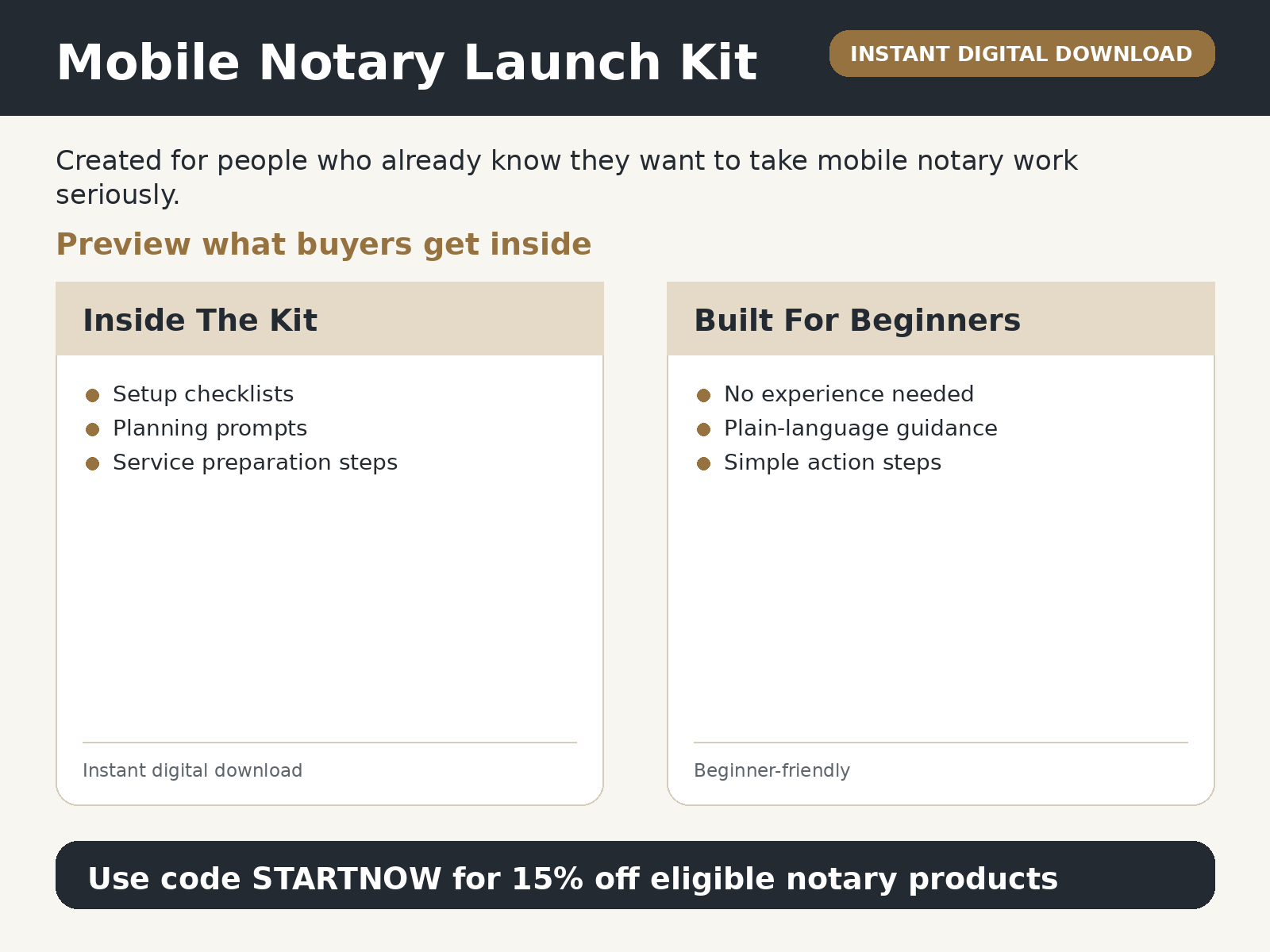 Mobile Notary Launch Kit preview showing printable worksheets and business planning pages