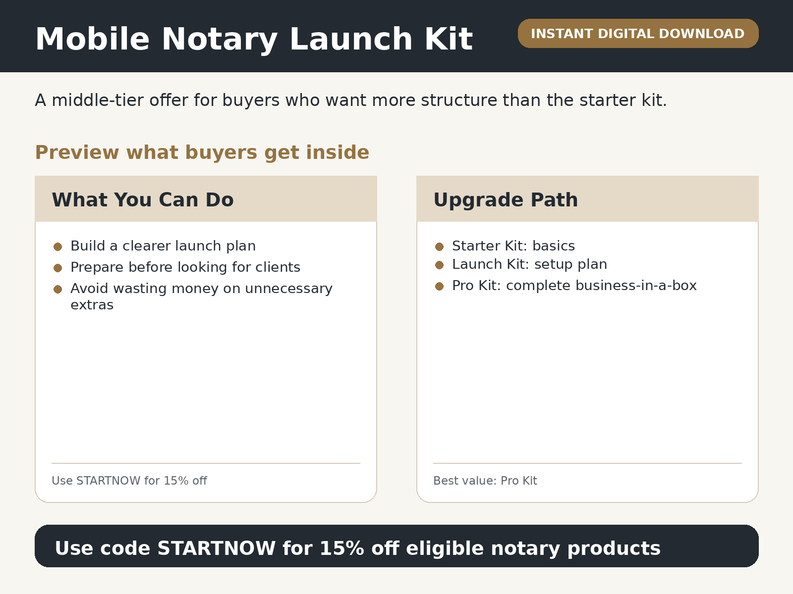 Mobile Notary Launch Kit preview showing client prep and service organization tools