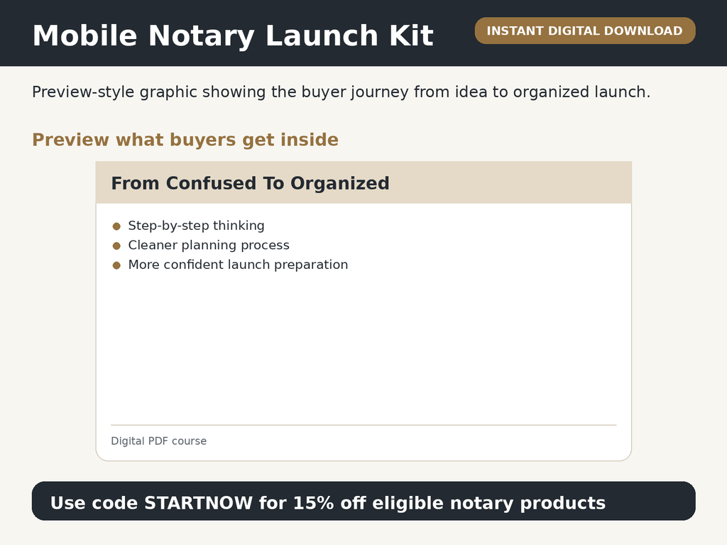 Mobile Notary Launch Kit preview showing beginner-friendly launch checklist and next steps