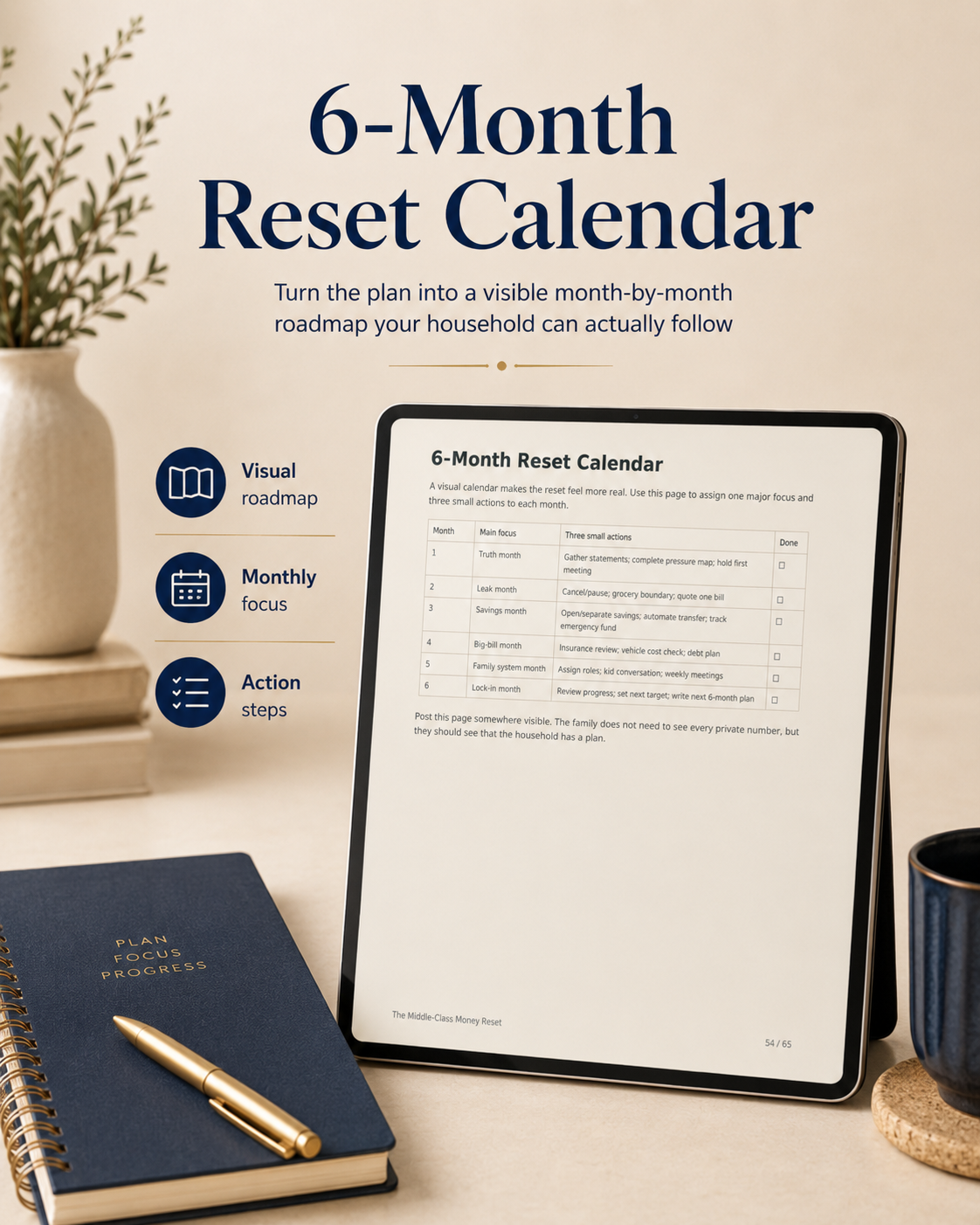6-month reset calendar worksheet mockup from The Middle-Class Money Reset guide