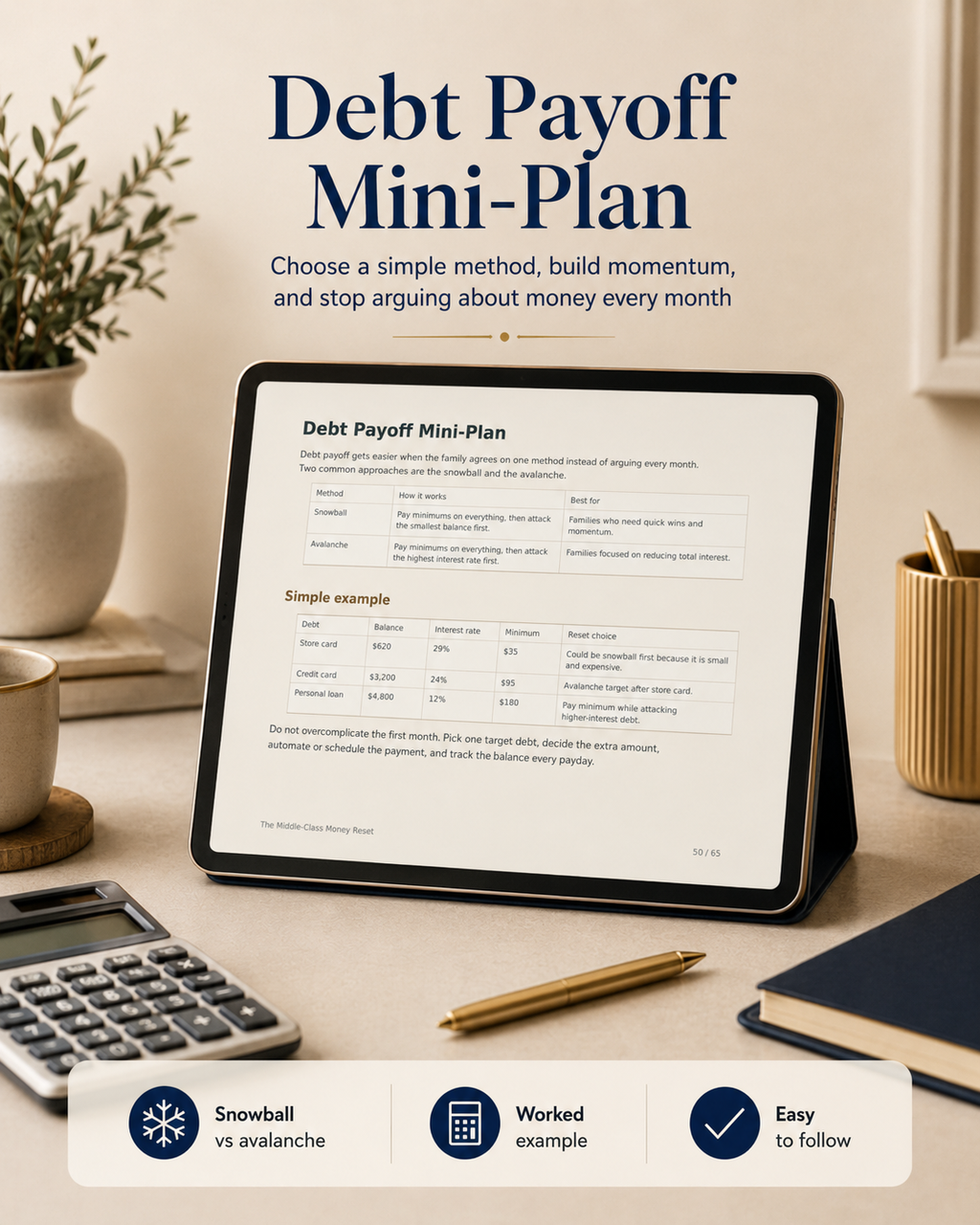 Debt payoff mini-plan worksheet mockup from The Middle-Class Money Reset guide