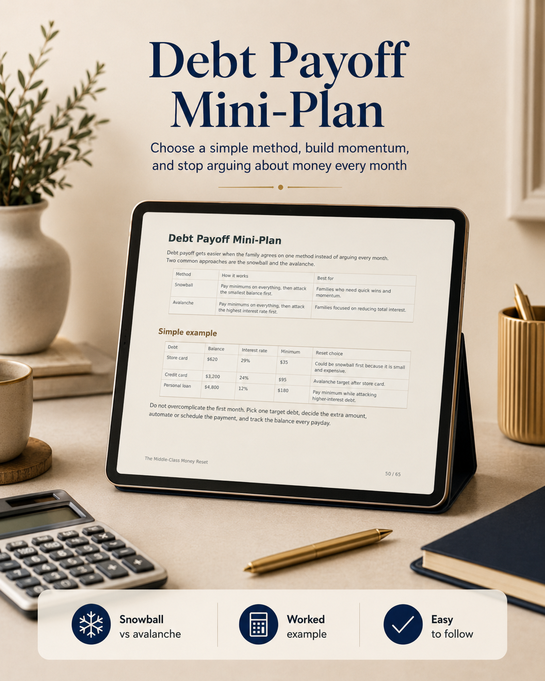 Debt payoff mini-plan worksheet mockup from The Middle-Class Money Reset guide
