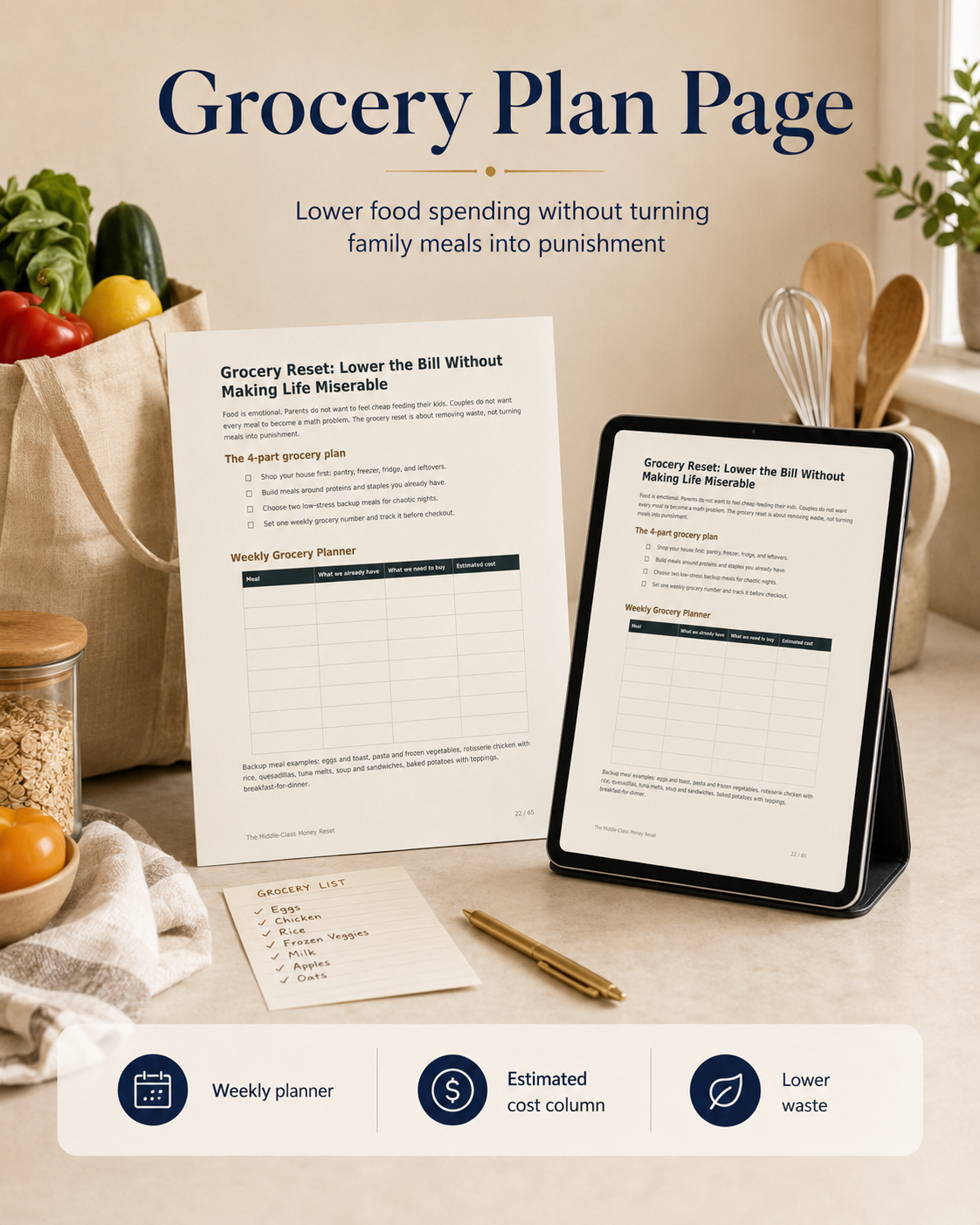 Grocery plan worksheet mockup from The Middle-Class Money Reset guide