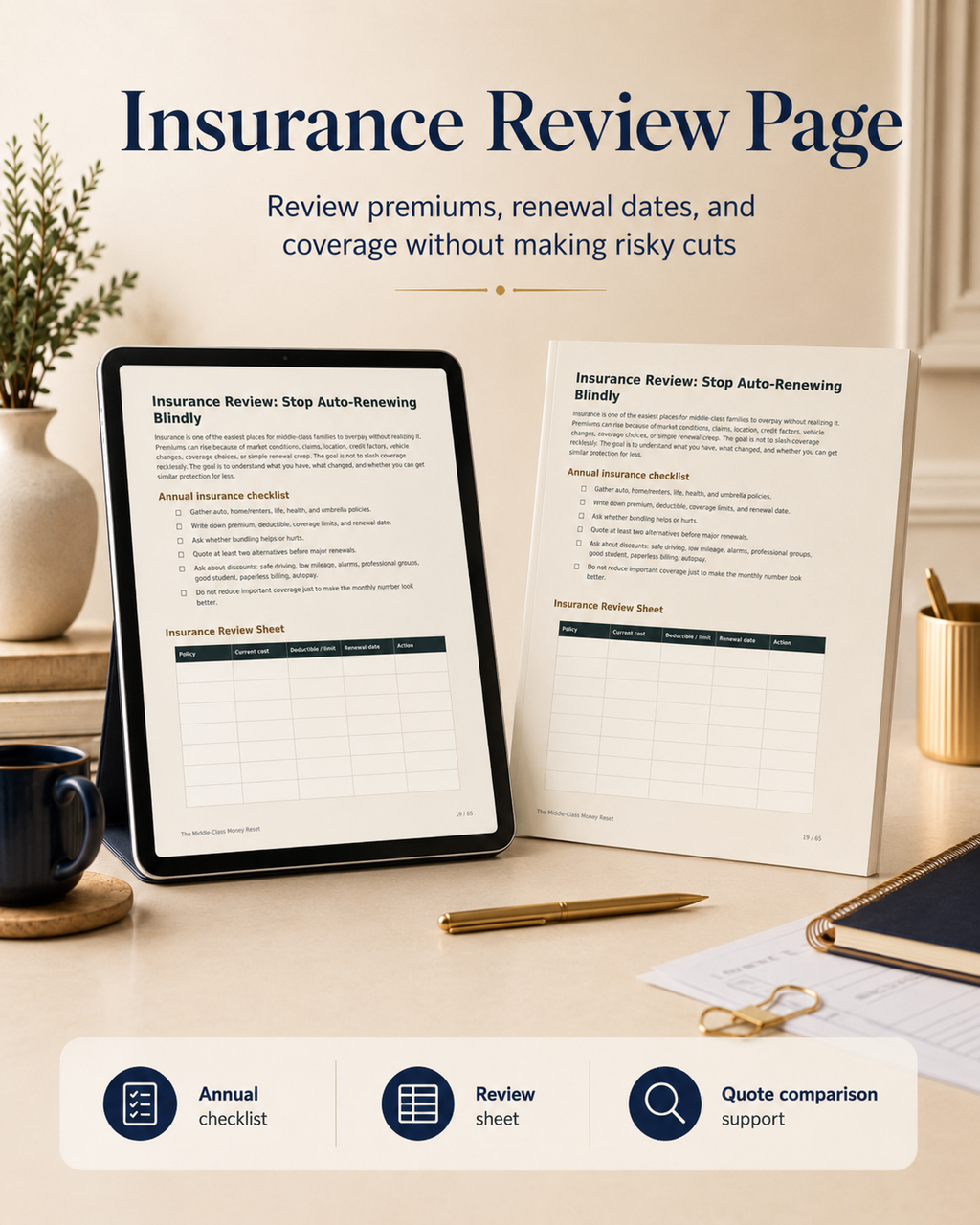 Insurance review worksheet mockup from The Middle-Class Money Reset guide