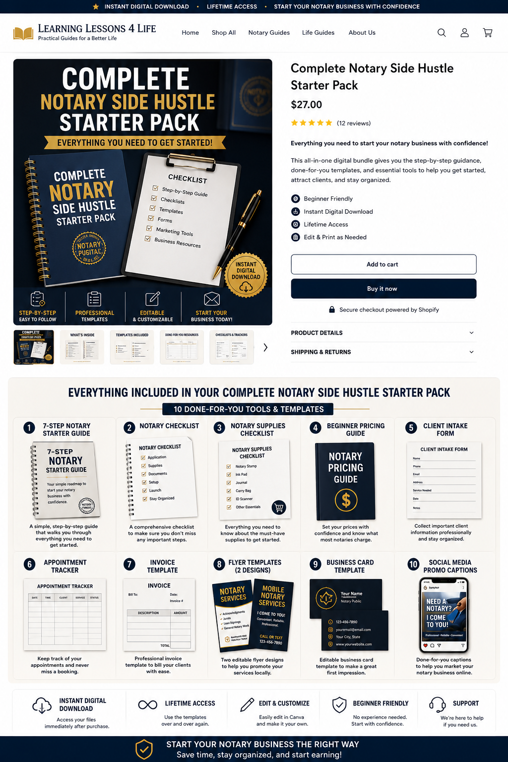 Mobile Notary Launch Kit $27 course Shopify product image showing included templates, tools, and course benefits