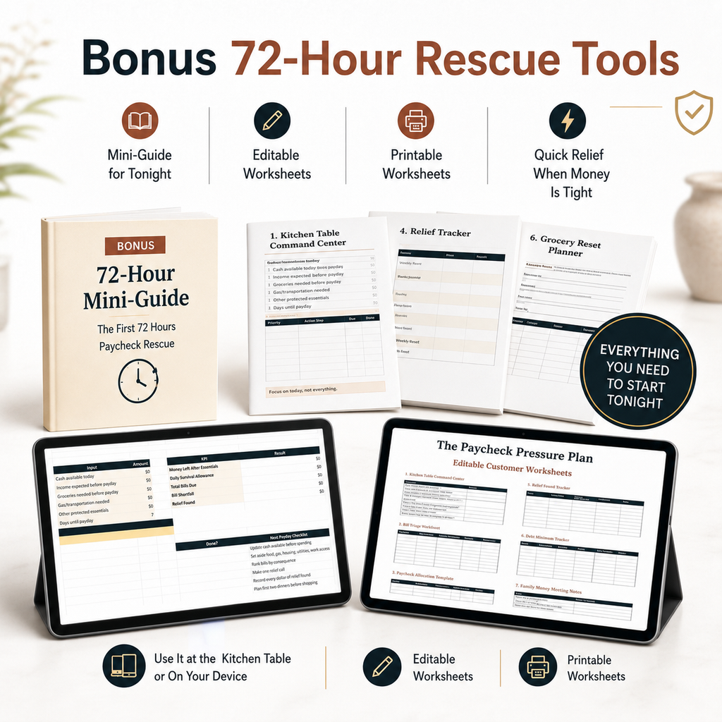 Bonus 72-hour rescue tools mockup with mini-guide and worksheets