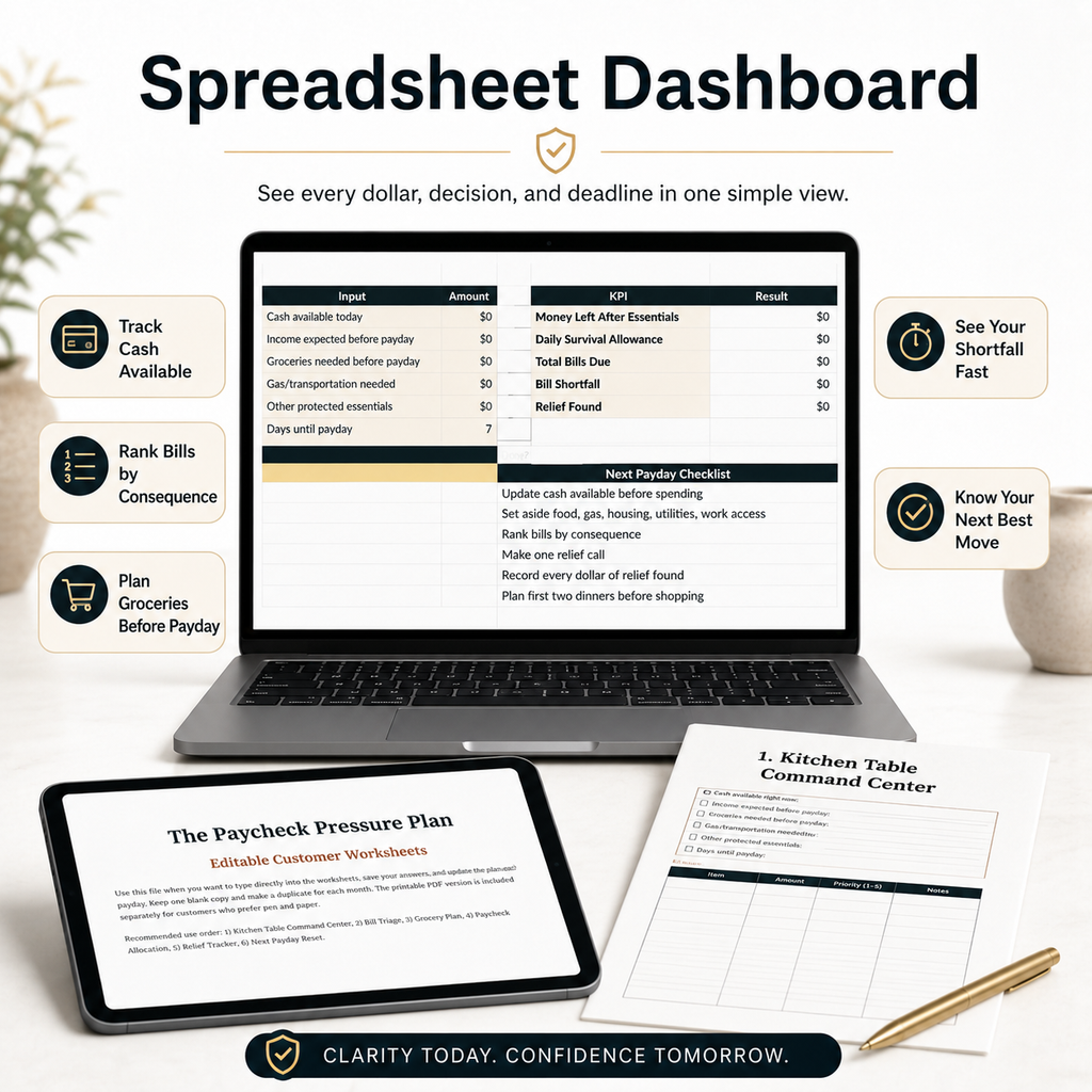 Paycheck Pressure Plan spreadsheet dashboard mockup