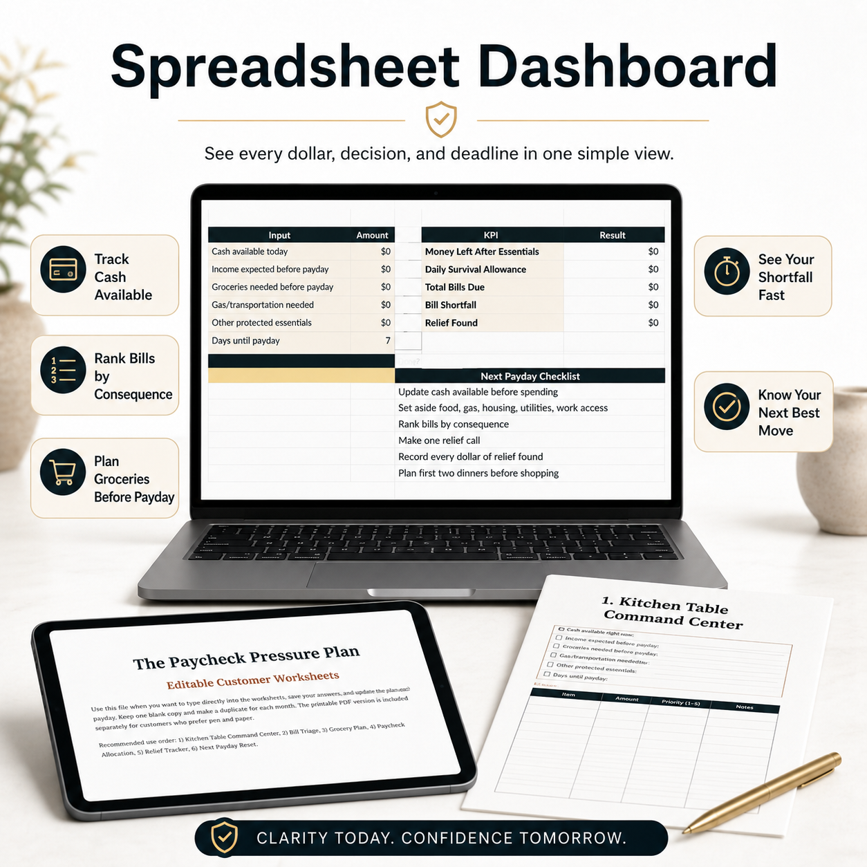 Paycheck Pressure Plan spreadsheet dashboard mockup