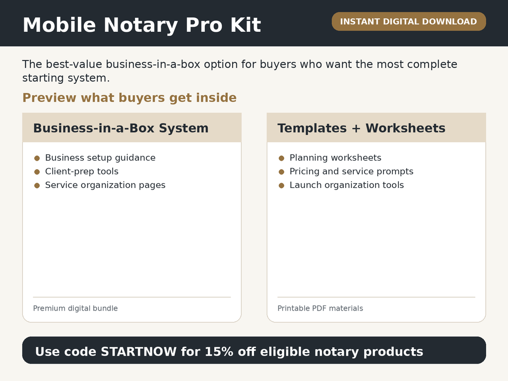 Mobile Notary Pro Kit preview showing complete business-in-a-box launch system