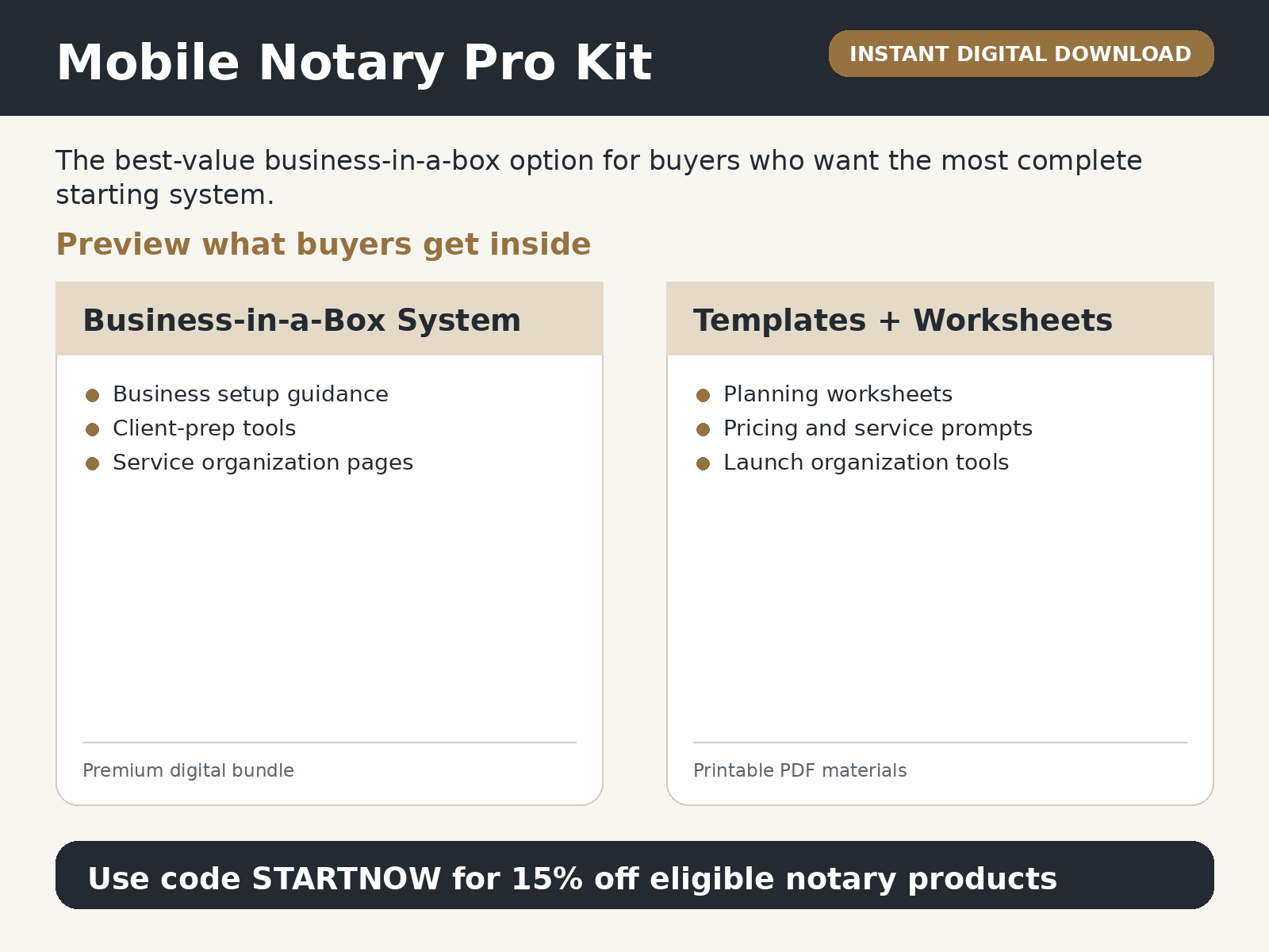 Mobile Notary Pro Kit preview showing complete business-in-a-box launch system