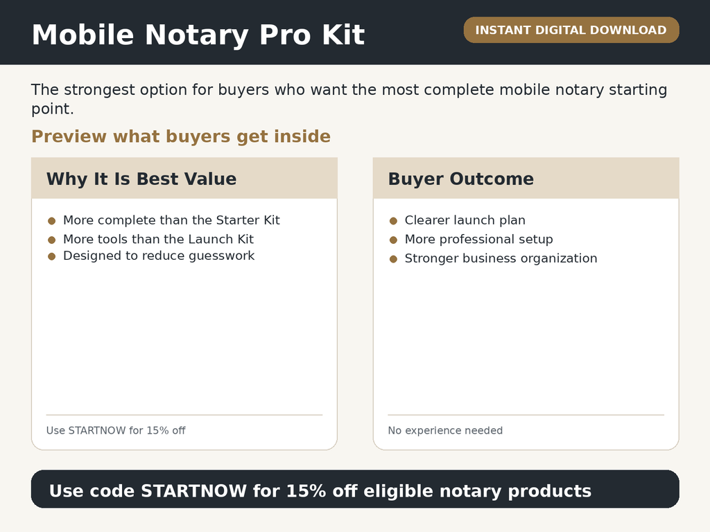 Mobile Notary Pro Kit preview showing templates and printable planning tools