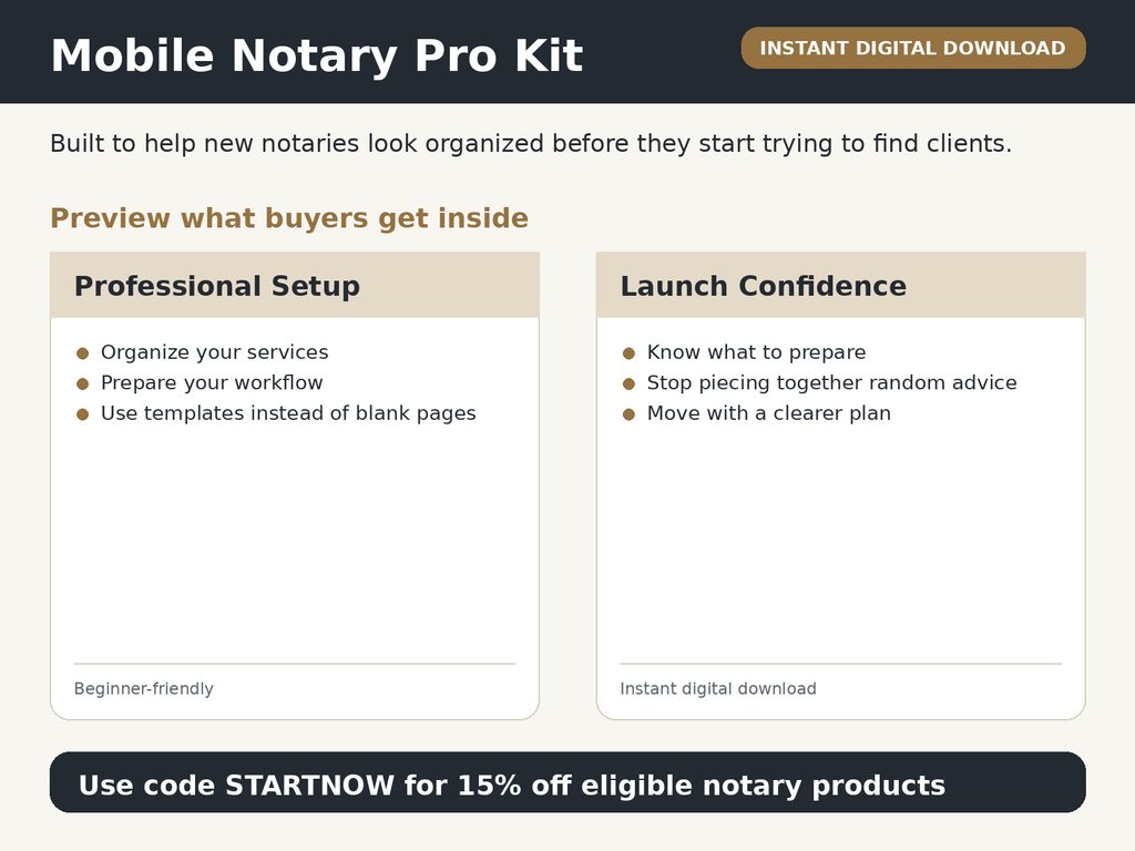 Mobile Notary Pro Kit preview showing pricing, workflow, and service organization pages