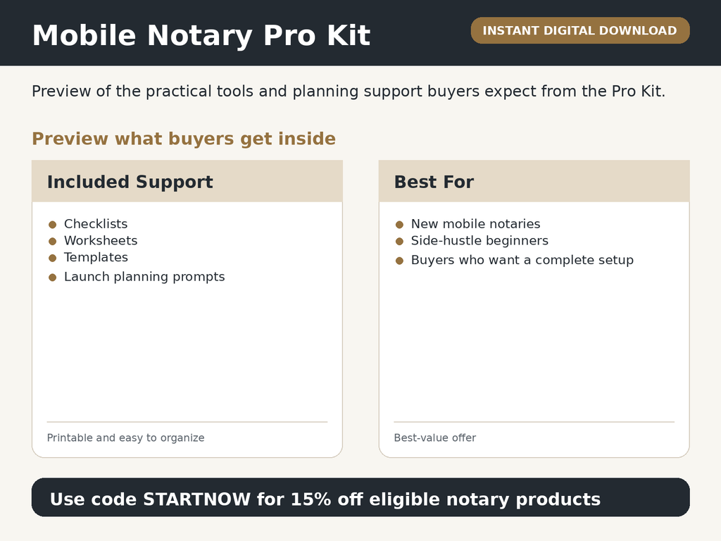 Mobile Notary Pro Kit preview showing local lead system and client preparation tools