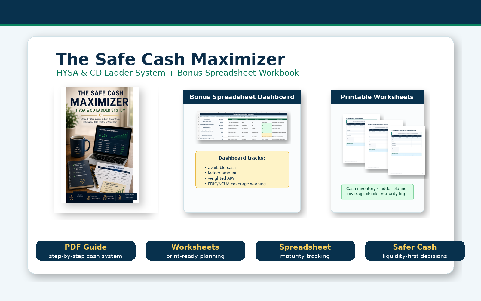 Safe Cash Maximizer digital bundle with HYSA tracker and CD ladder planning tools