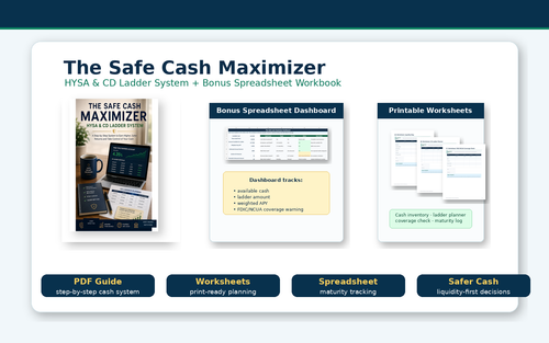Safe Cash Maximizer digital bundle with HYSA tracker and CD ladder planning tools
