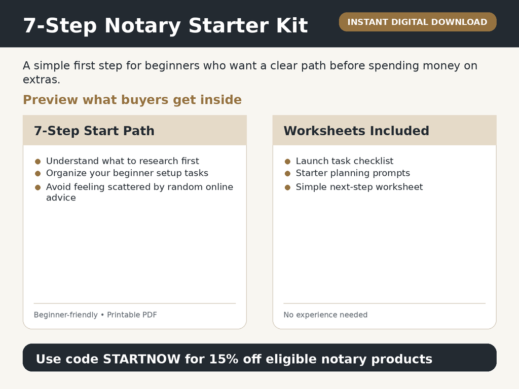 7-Step Notary Starter Kit preview showing 7-step path and worksheets included