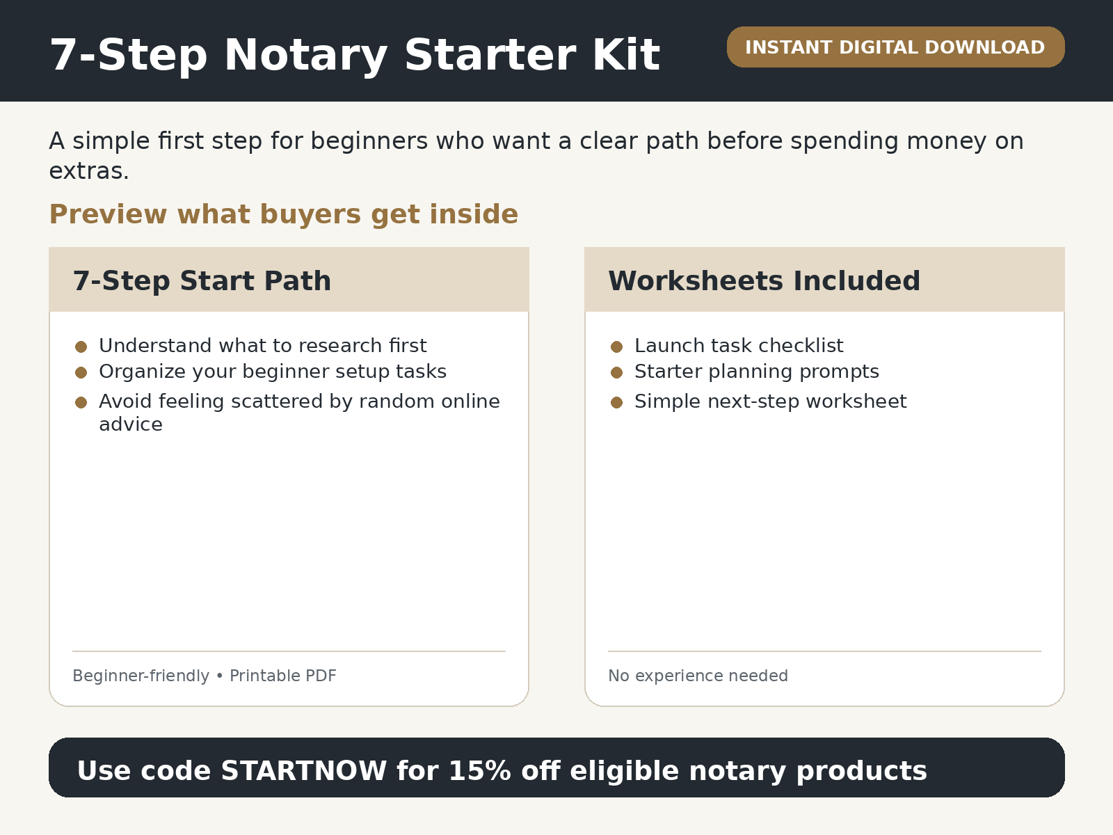 7-Step Notary Starter Kit preview showing 7-step path and worksheets included