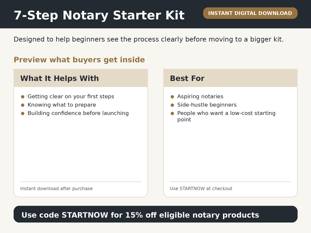 7-Step Notary Starter Kit preview showing starter checklist and printable planning pages