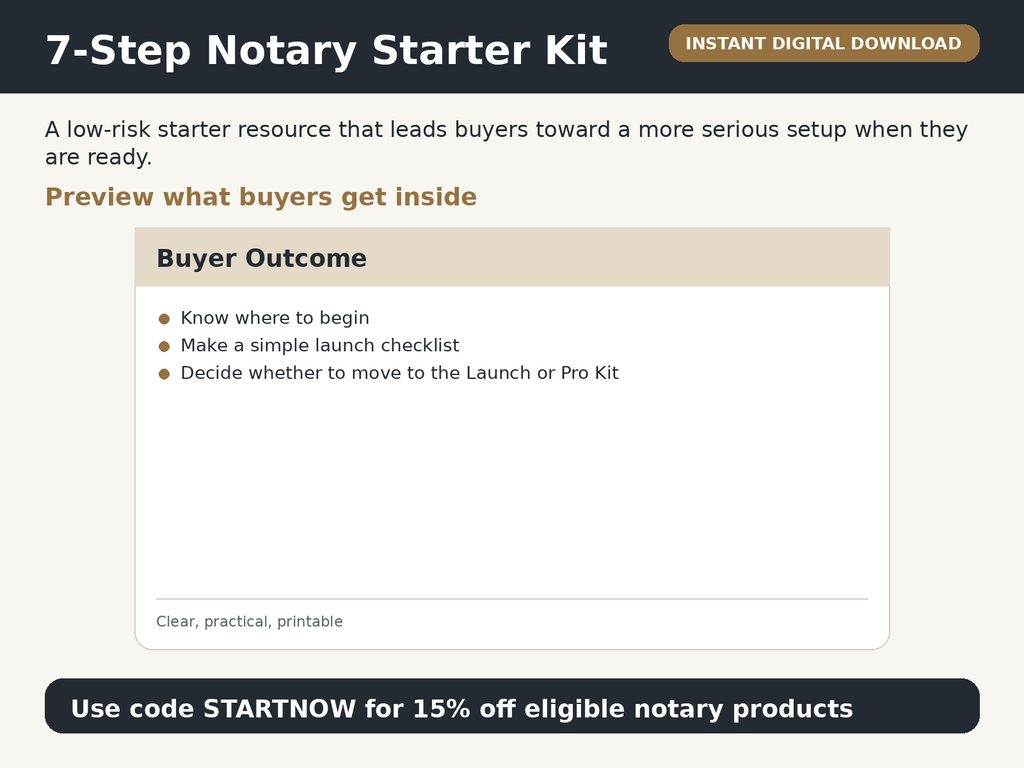 7-Step Notary Starter Kit preview showing beginner notary action plan and next steps