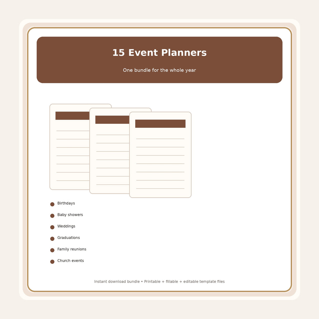 Fifteen printable event planners included in the Ultimate Stress-Free Event Planning Binder Collection