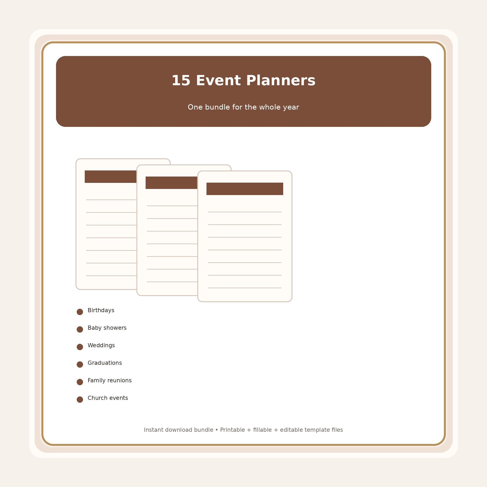 Fifteen printable event planners included in the Ultimate Stress-Free Event Planning Binder Collection