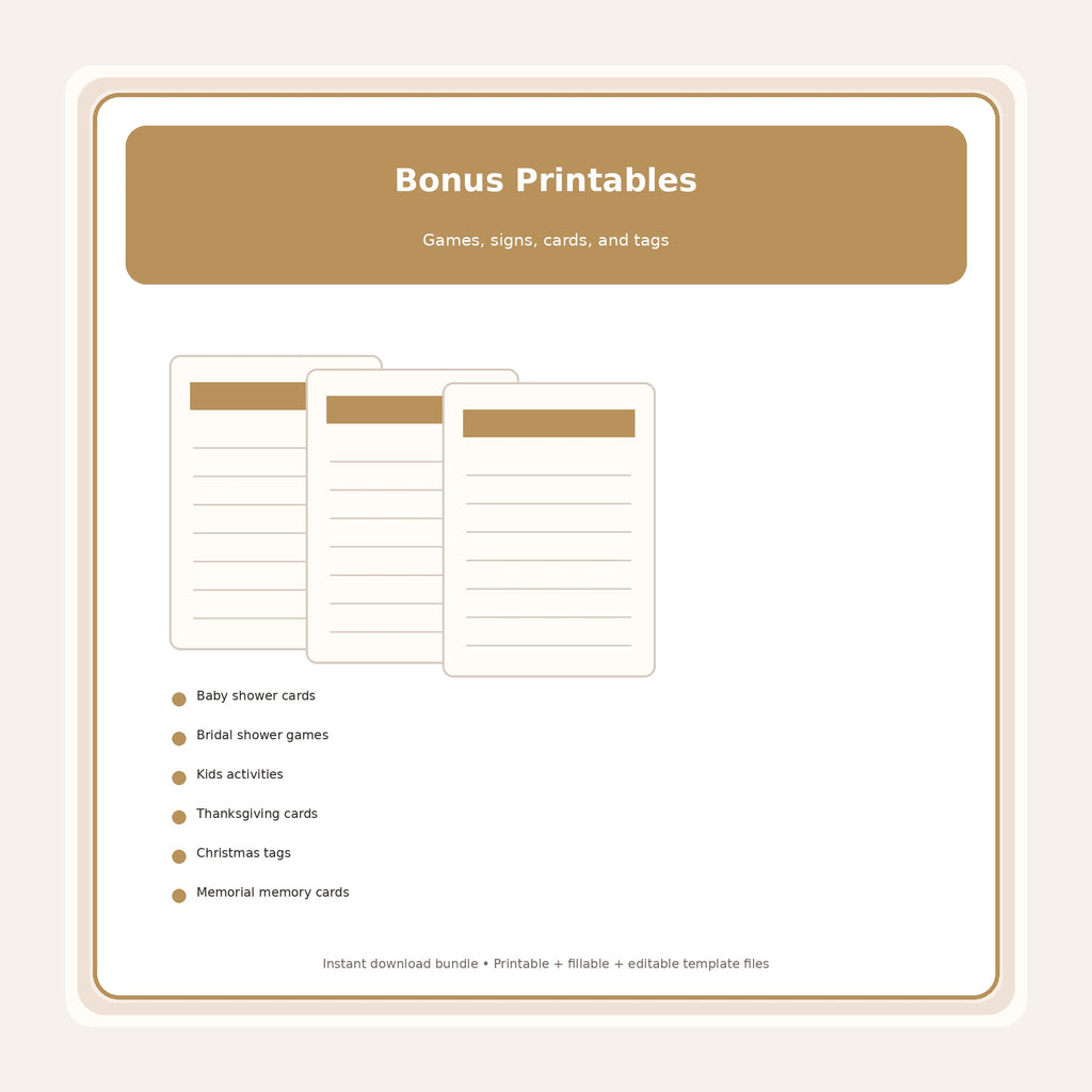 Bonus printables games signs and cards included in the event planning binder bundle